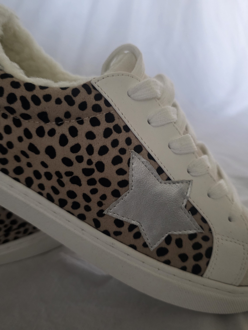 Beige Leopard-Print Lace-Up Sneakers with Silver Star Accent - Picture 2 of 9